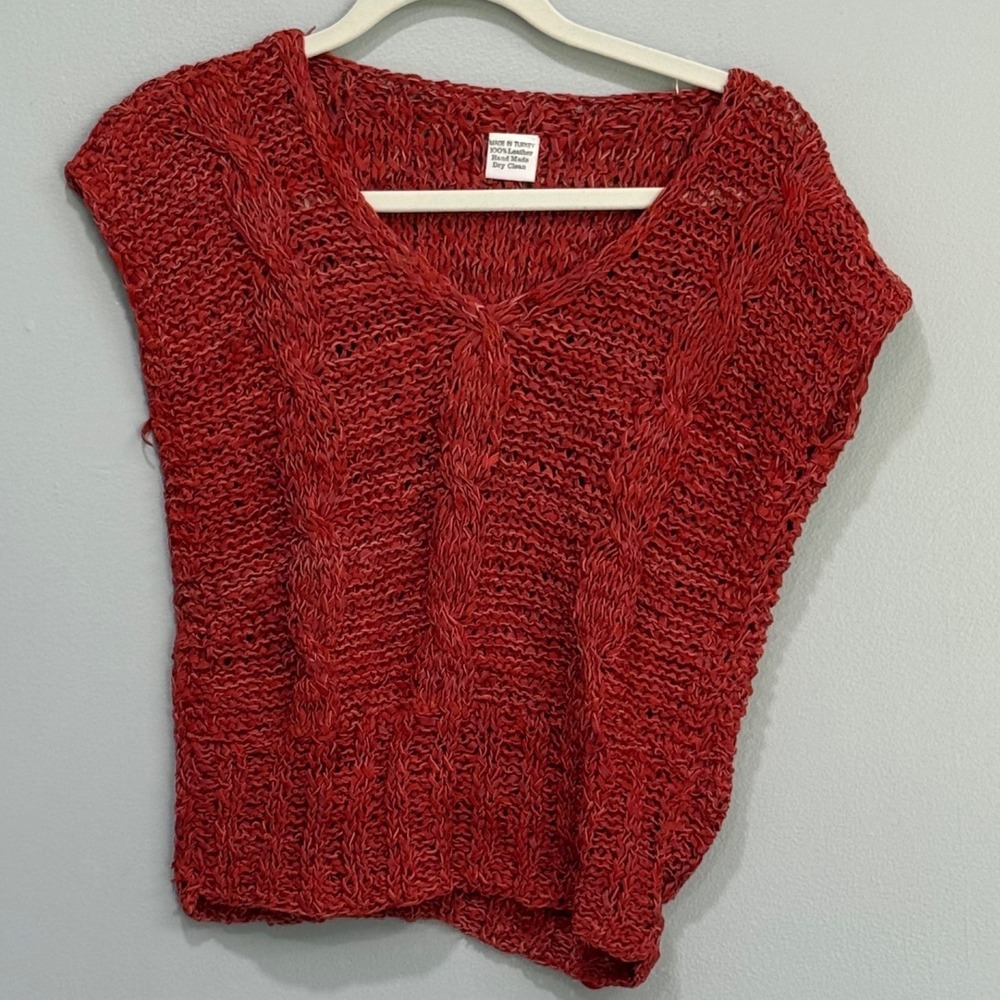 Hand Knit Leather Vest Woven Leather Strip Top Cable Knit VTG 90s Boho Turkey